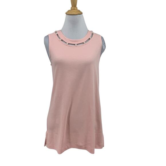 Joan Vass Tank Top Womens Small Blossom Pearl Neckline Cut Out Ring Sleeveless - Picture 1 of 12